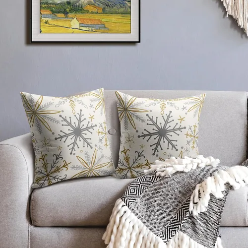 Vista 3 de Juego de 2 fundas de almohada de copos de nieve de invierno de 16 x 16 pulgadas, color amarillo, gris, gris, rústico, estampado navideño