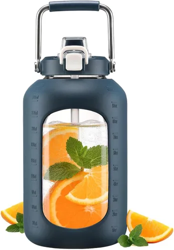 Vista 10 de WINSA - Botella de agua de vidrio de 84 onzas con pajita, 2.5 litros, ámbar Botella de beber de galón, con asa, funda de silicona para deportes
