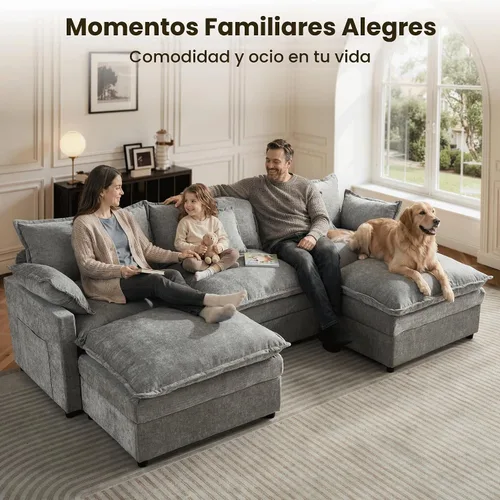 Vista 4 de ovios Sofá modular Cloud de 108 pulgadas con 2 otomanas, sofá en forma de U de 5 plazas, cómodos sofás de felpilla con 5 almohadas para sala de Gris