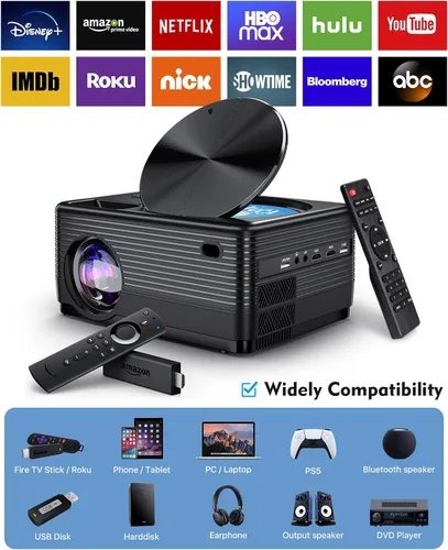 Vista 2 de ClokoWe Mini proyector para iPhone, proyector de DVD Bluetooth de 1080P con reproductor de DVD integrado con pantalla de 120 pulgadas, proyector