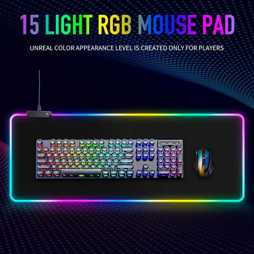 Vista 2 de Alfombrilla de mouse grande RGB para juegos, 15 modos de luz, control táctil, alfombrilla de teclado de computadora suave extendida, base de goma