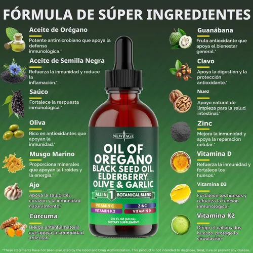 Vista 2 de NEW AGE Gotas de aceite de orégano - Aceite de semilla negra, saúco, vitamina D, D3, K2, oliva, ajo, suplemento de apoyo inmunológico, fórmula