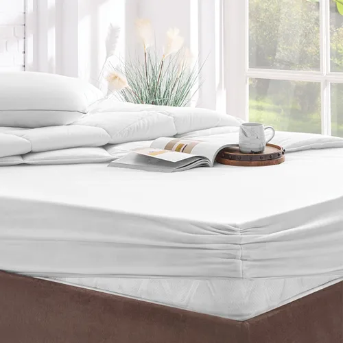 Vista 2 de YATAS BEDDING Microfit - Protector de colchón impermeable, sin vinilo, suave y duradero, lavable a máquina a 90°, color blanco