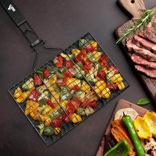 Vista 7 de UNCO- Cesta para parrilla de barbacoa, plegable, portátil, de acero inoxidable, con mango de madera extraíble y cepillo para untar, para verduras