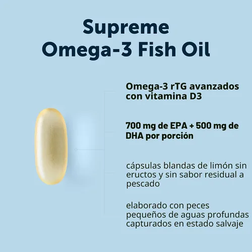 Vista 3 de Micro Ingredients Supreme Omega-3 Aceite de pescado con EPA y DHA ultra altos, cápsulas blandas sin eructos rTG Omega-3 con vitamina D3 Pescado
