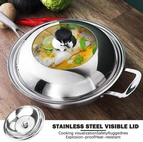 Vista 6 de Tapas de sartén de vidrio templado de 12.5 pulgadas con asa de repuesto, accesorios de wok para sartén, hierro fundido redondo, aluminio fundido