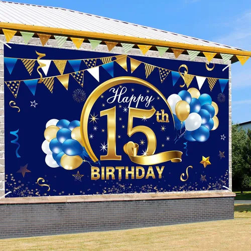 Vista 3 de Cartel de cumpleaños número 15 azul dorado para niños, suministros de fiesta de telón de fondo, letrero de fondo para fotos de cumpleaños de 15 años
