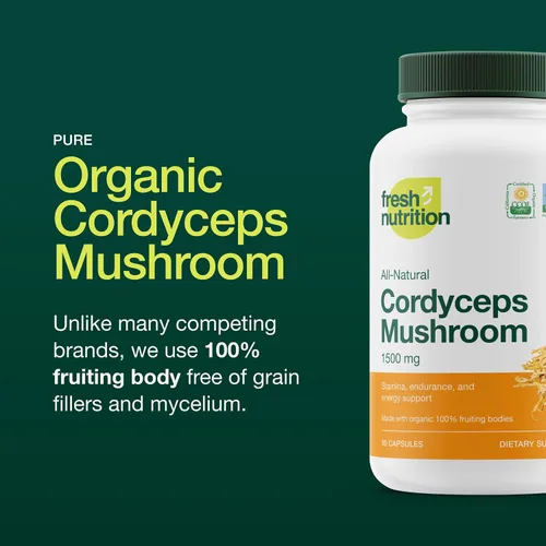 Vista 3 de Cápsulas Cordyceps orgánicas (extracto de hongo Cordyceps Sinensis) - 1500 mg por porción - Apoyo de energía y resistencia - Rico en alfa glucano