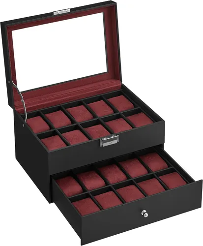 Vista 8 de SONGMICS Caja de reloj de 20 ranuras, caja de reloj con tapa de vidrio, 2 capas, vitrina de reloj con cerradura, cuero sintético negro, forro rojo