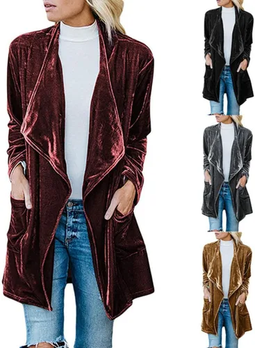 Vista 2 de Cárdigan largo de terciopelo para mujer, ropa de abrigo vintage, chaqueta de manga larga