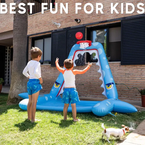 Vista 6 de Zone Tech - Aspersor de salpicaduras para niños al aire libre, gran aspersor inflable de tiburón con aro de baloncesto, almohadilla de salpicaduras
