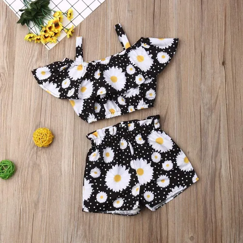 Vista 5 de Conjunto de 2 piezas de ropa con volantes y cuello halter floral para niños pequeños