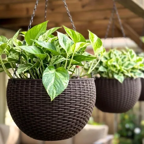Vista 10 de LaLaGreen - Macetas colgantes para plantas de interior (11 pulgadas, paquete de 3) macetas colgantes redondas de ratán con indicador de nivel