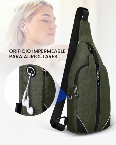 Vista 7 de WATERFLY - Mochila media bandolera con correa antirrobo para viajes, bolsa de pecho, de hombro Verde militar (mediano)