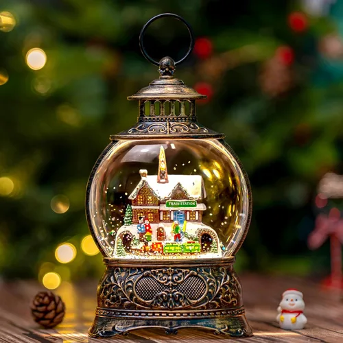 Vista 11 de Globos de Nieve de Navidad, Farol de Agua de Navidad con Carruaje e Iglesia Azul, Música y Temporizador de 6 Horas, Faroles Iluminados con Cable