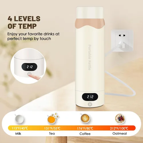Vista 4 de Hervidor Eléctrico de Viaje Tetera Mini Portátil, Acero Inoxidable 316 16.91Oz/500mL, Calentador de Agua Caliente Pequeño Inteligente con 4