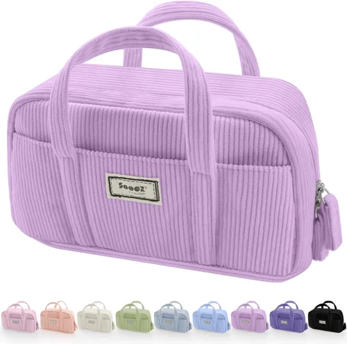 Vista 9 de Sooez Estuche grande para lápices, extra grande con 5 compartimentos, bolsa para bolígrafos de amplia apertura, organizador de pana suave con Beige