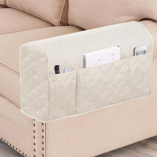 Vista 10 de Paquete de 2 fundas impermeables para reposabrazos para sillas y sofás, protectores de muebles antideslizantes con bolsillos laterales, juego