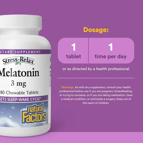 Vista 3 de Melatonina Stress-Relax 3 mg por Natural Factors, Natural Sleep Aid, restablece el ciclo de sueño-vigilia, 180 tabletas masticables (180 porciones)