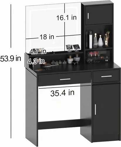 Vista 7 de MIRROTOWEL Escritorio de tocador con espejo de luz LED, tocador con cajón grande y almacenamiento de 3 niveles, brillo ajustable, 3 modos