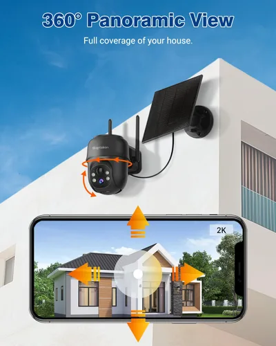 Vista 2 de Septekon Cámaras de seguridad solar 2K inalámbricas para exteriores, 360 ° PTZ con batería para exteriores, cámara WiFi de 2.4G con foco de visión