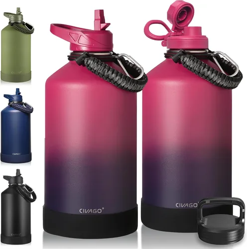 Vista 50 de CIVAGO Botella de agua aislada de 22 onzas con pajita, frasco de agua deportiva de acero inoxidable con 3 tapas