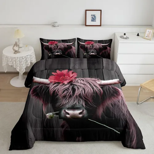 Vista 25 de Ropa de cama con estampado de vaca marrón tamaño individual, juego de edredón rústico de piel de vaca con calavera de vaca, relleno de edredón