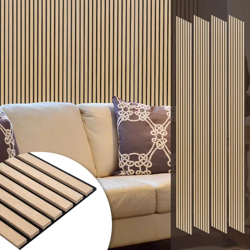 Vista 17 de Yuzzy Paneles de madera para pared y techo, paneles acústicos de listones de madera de 108 x 11 pulgadas, 2 unidades, paneles de pared modernos que