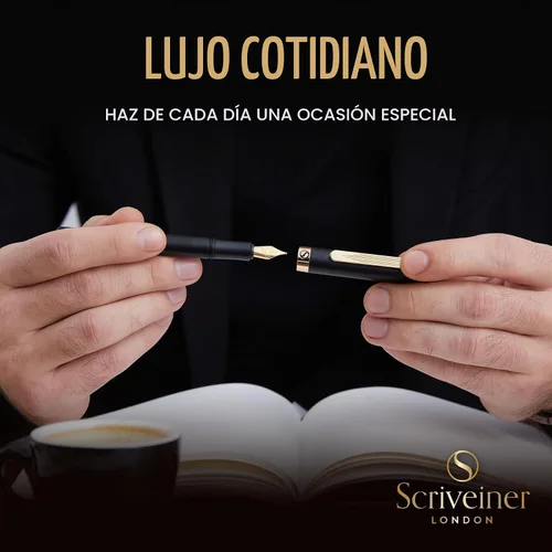 Vista 8 de Scriveiner Pluma Estilográfica EDC de Lujo (Mediana), Impresionante Pluma de Bolsillo Negra de Lujo, Chapado en Oro Real, Plumín Dorado Schmidt 1.