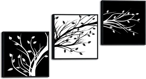 Vista 7 de Wieco Art - Hojas enmarcadas modernas de 3 paneles, arte de flores en lienzo, impresiones en negro y blanco, árboles florales abstractos, pinturas