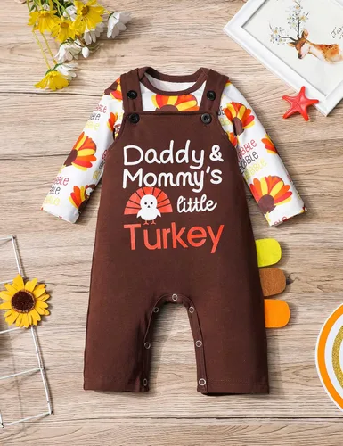 Vista 4 de My First Thanksgiving - Conjunto de 2 piezas para bebé, traje de pavo y overol con tirantes