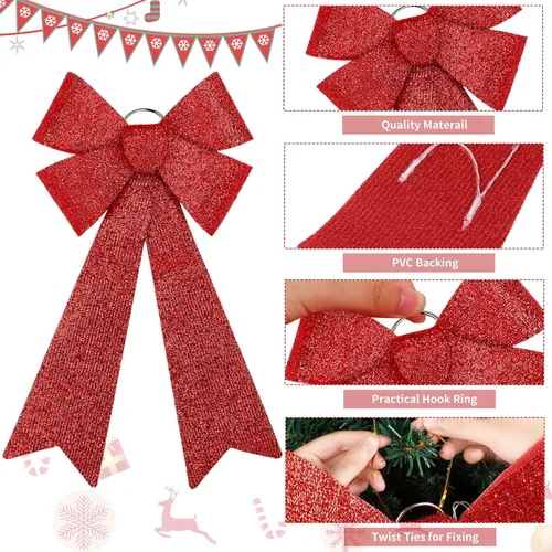Vista 3 de 2 Piezas Lazos LED para Coronar Árbol de Navidad - 24"x12" Decoraciones Navideñas Grandes Preiluminadas Con Luces - Funciona con Pilas para Corona