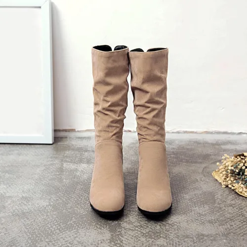 Vista 7 de Botas de media pantorrilla para mujer con tacón de cuña con cremallera, estilo clásico, de cuero redondo, cómodas botas vaqueras occidentales
