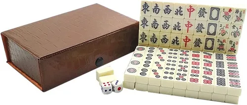 Vista 3 de Mini Mahjong 144 azulejos chinos Mahjong con 2 dados caja de cuero portátil de viaje mahjong viajes entretenimiento Mahjong para adultos, familias