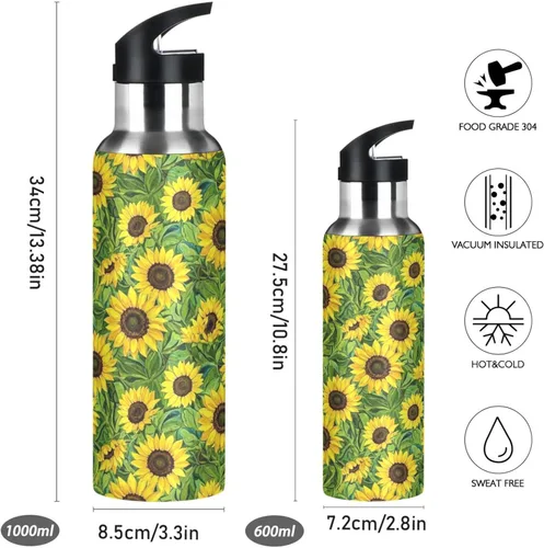 Vista 2 de Botella de agua aislada de 32 onzas, botellas de agua a prueba de fugas para gimnasio, viajes al aire libre, escuela, girasoles hojas verdes