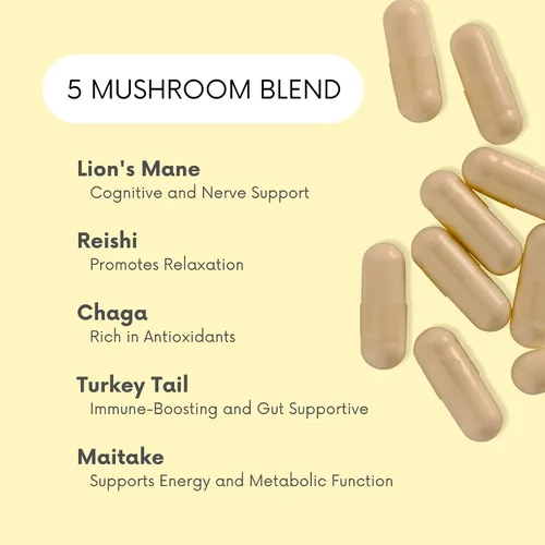 Vista 3 de Mood Hongos - Suplemento de hongos levantados - Melena de león, Reishi, Chaga, cola de pavo, Maitake - Energía, enfoque, alivio del estrés