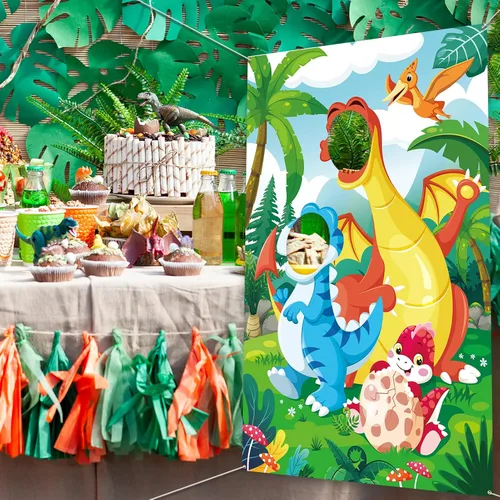Vista 5 de DPKOW Accesorio para fotos de fiesta de dinosaurios para niños, divertido telón de fondo de cara en el agujero, pancarta de puerta de dinosaurio