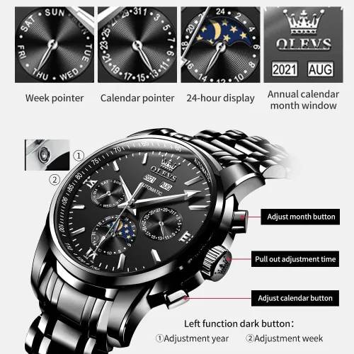 Vista 4 de OLEVS Automatic Mechanical Watches for Men Self Winding no Battery Stainless Steel Strap Luxury Moon Phase Luminous Waterproof Wrist Watch