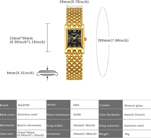 Vista 6 de MASTOP Gold Watches for Women Vintage Rectangle Quartz Watch 30M Waterproof Stainless Steel Bracelet Adjustable Ladies Wristwatch