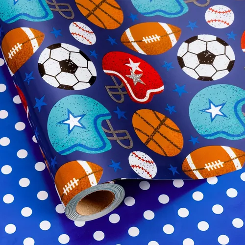 Vista 16 de Homeral Rollo de papel de regalo azul para cumpleaños - 17 pulgadas x 16.5 pies, con letras reversibles de "Feliz Cumpleaños" y velas coloridas.