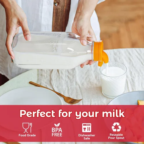 Vista 2 de Botellas de leche de vidrio reutilizables de 32 onzas con tapa dispensadora de silicona, paquete de 2 frascos de vidrio con tapa hermética de rosca