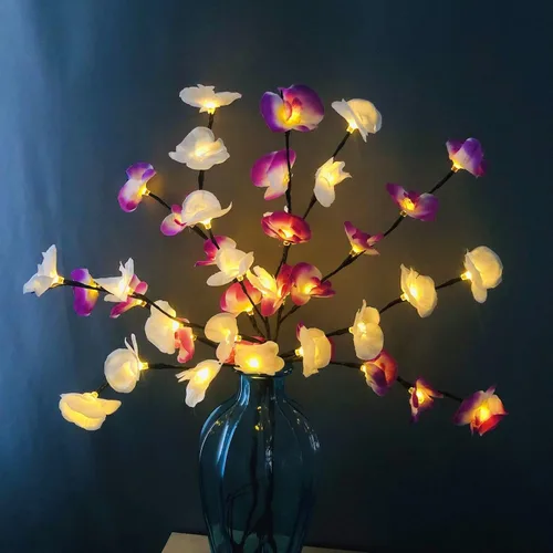 Vista 8 de Phalaenopsis - Paquete de 2 lámparas LED de rama de orquídea, ramo de orquídeas artificiales de mariposa, funciona con pilas, para decoración