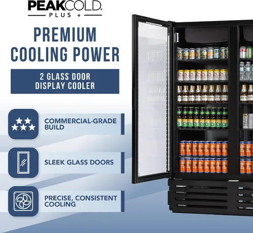 Vista 2 de PEAKCOLD + Refrigerador vertical de 2 puertas - Refrigerador comercial negro de 41.7 pies cúbicos de bajo consumo con puertas de vidrio