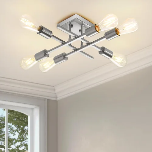 Vista 9 de Lámpara de techo semiempotrada de 6 luces, moderna lámpara Sputnik negra, lámpara de techo de granja E26, lámpara de techo para cocina, dormitorio