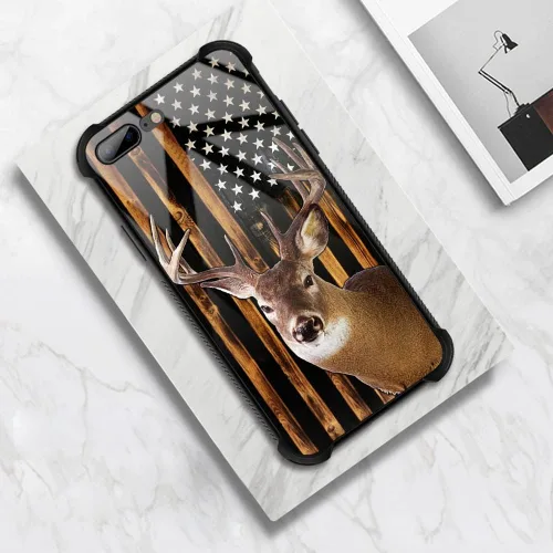 Vista 5 de Funda compatible con iPhone 8, a prueba de golpes, antiarañazos, bandera de ciervos de cola blanca de grano de madera estadounidense