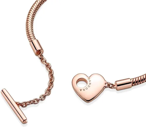 Vista 5 de Pandora Moments - Pulsera de cadena de serpiente con cierre de barra en T de corazón, oro rosa de 14 quilates para mujer, compatible con dijes