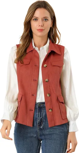 Vista 11 de Allegra K Chaleco de Gamuza Sintética Utilitario para Mujer con Botones sin Mangas con Bolsillo Cargo Verde militar