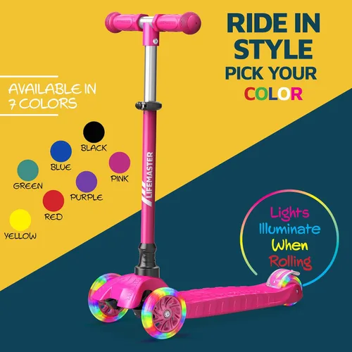 Vista 8 de Lifemaster Mini scooter de 3 ruedas para niños con luces de rueda multicolor – Manillar ajustable de 4 alturas, cubierta ancha antideslizante Rosa
