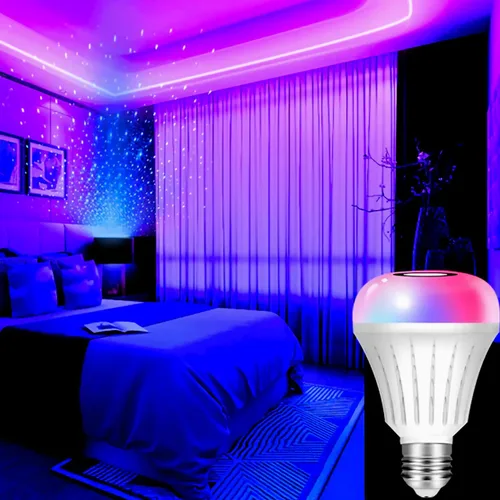 Vista 6 de Lámpara de pie LED con estantes y salidas AC/USB, bombilla inteligente Galaxy Star, proyector que cambia de color y luces controladas por