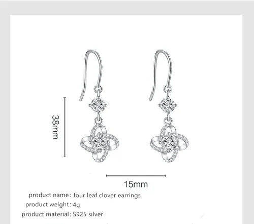 Vista 2 de Bisen Jewelry - Aretes de plata de ley 925 aretes de trébol de cuatro hojas aretes de moissanita aretes de mujer juego binaural de regalo para novia